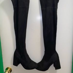 Black Faux Suede Thigh High Boots 4” Block Heels